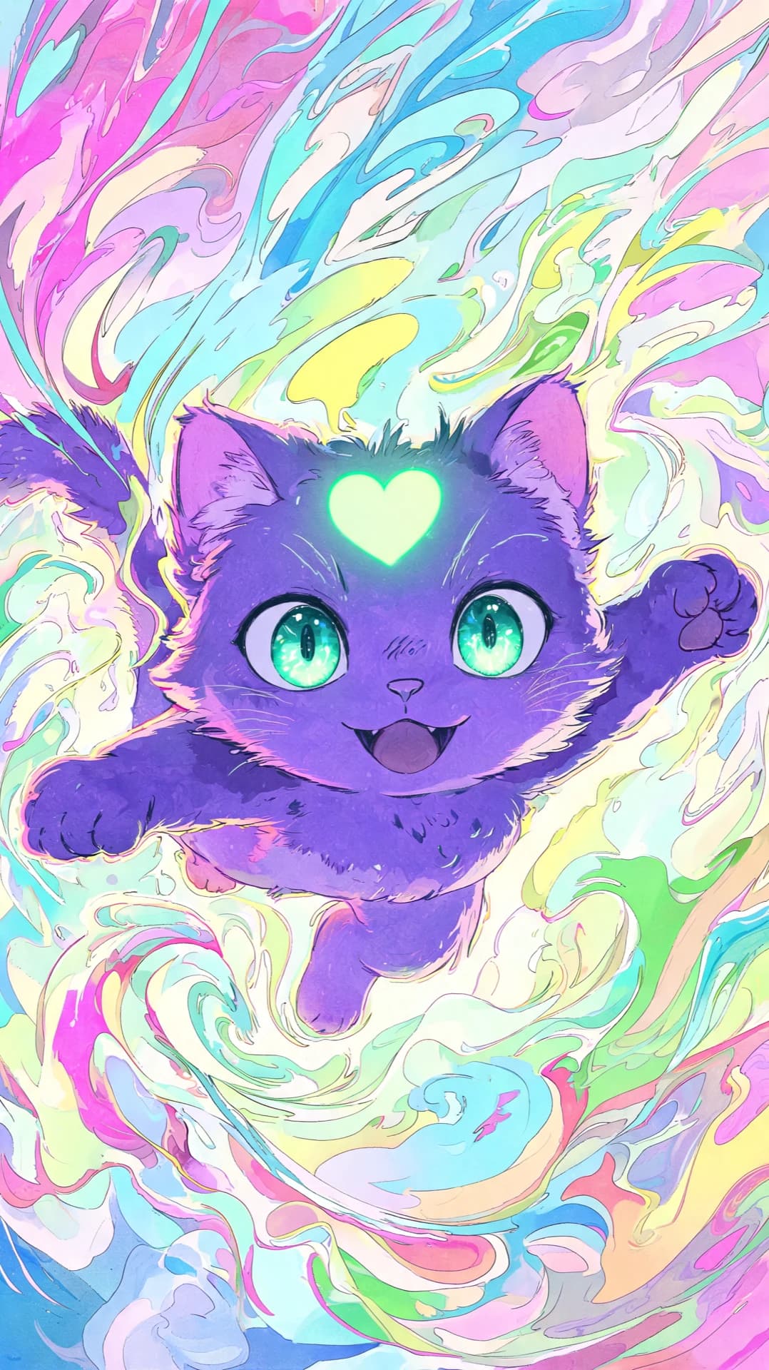 LUKi leaping forward through a swirl of rainbow colour