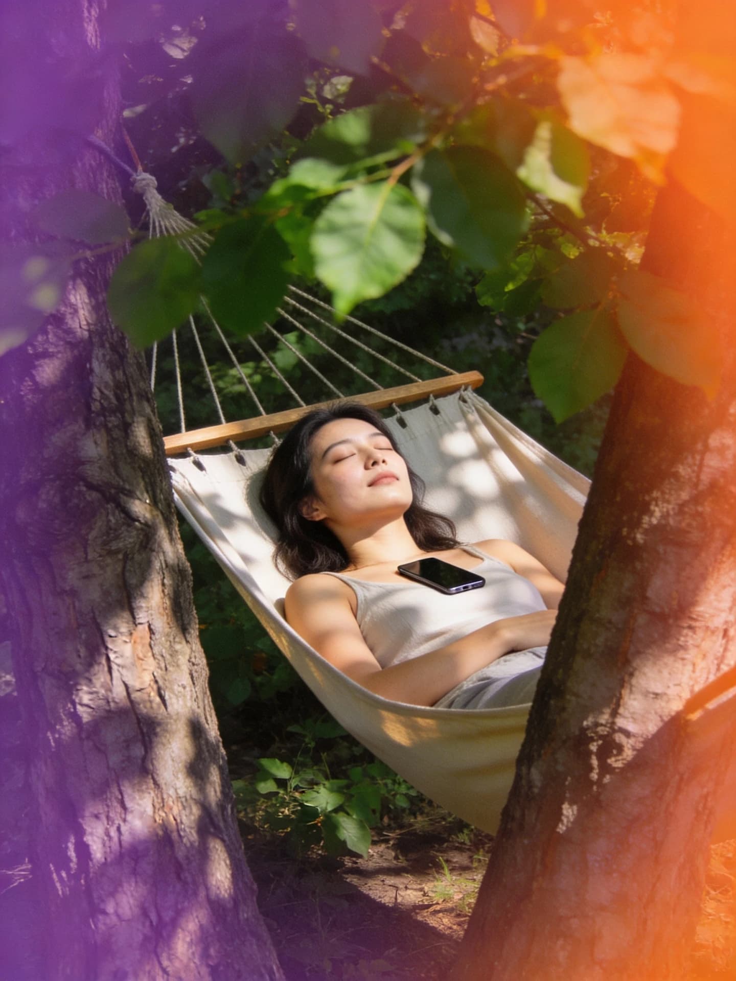 A woman resting in a hammock under summer trees with her phone on her chest