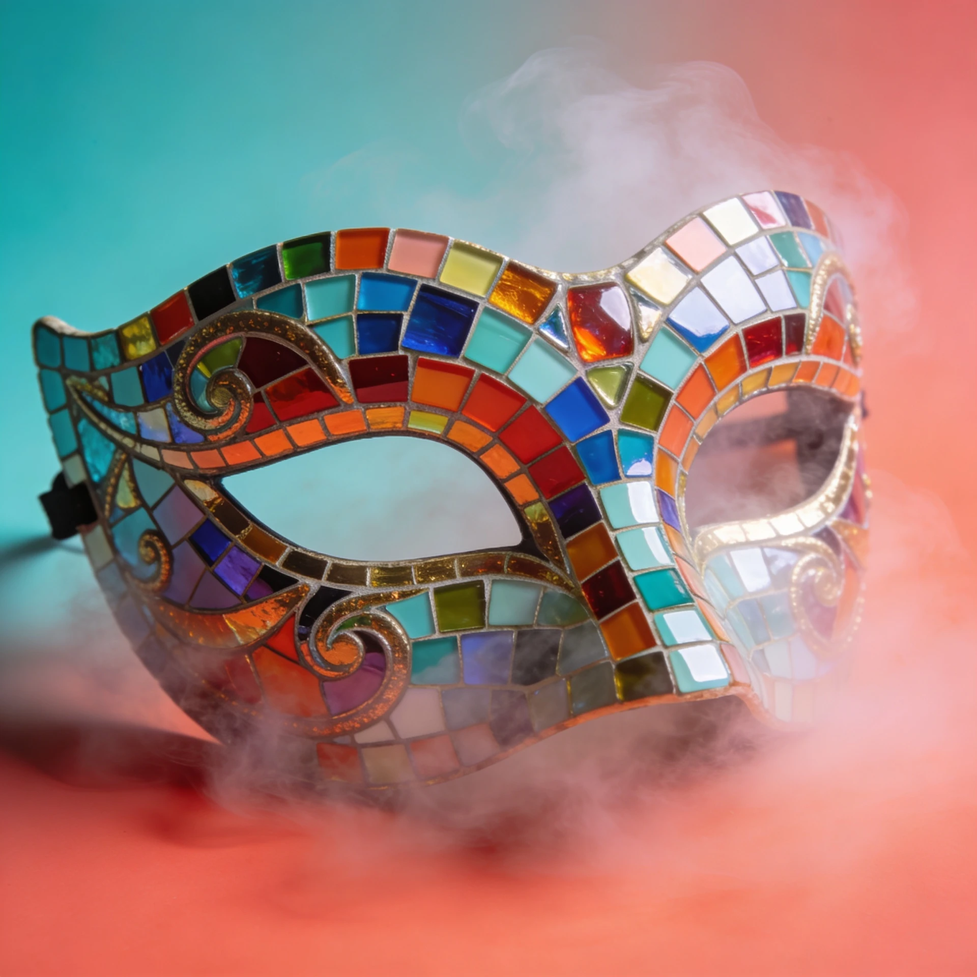 A jewel-mosaic carnival mask catching coloured light