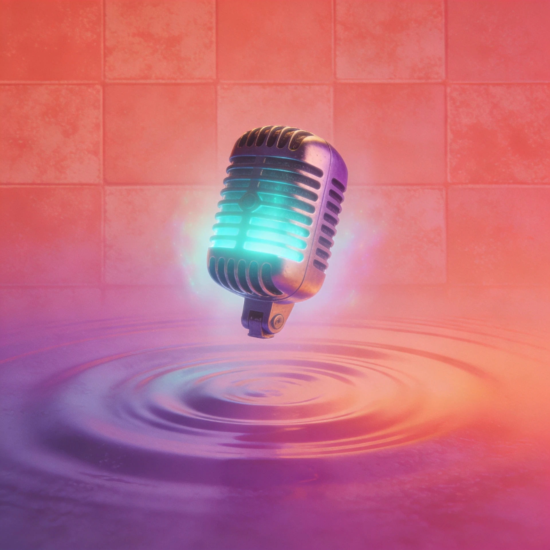A vintage microphone hovering above a pool of soft ripples