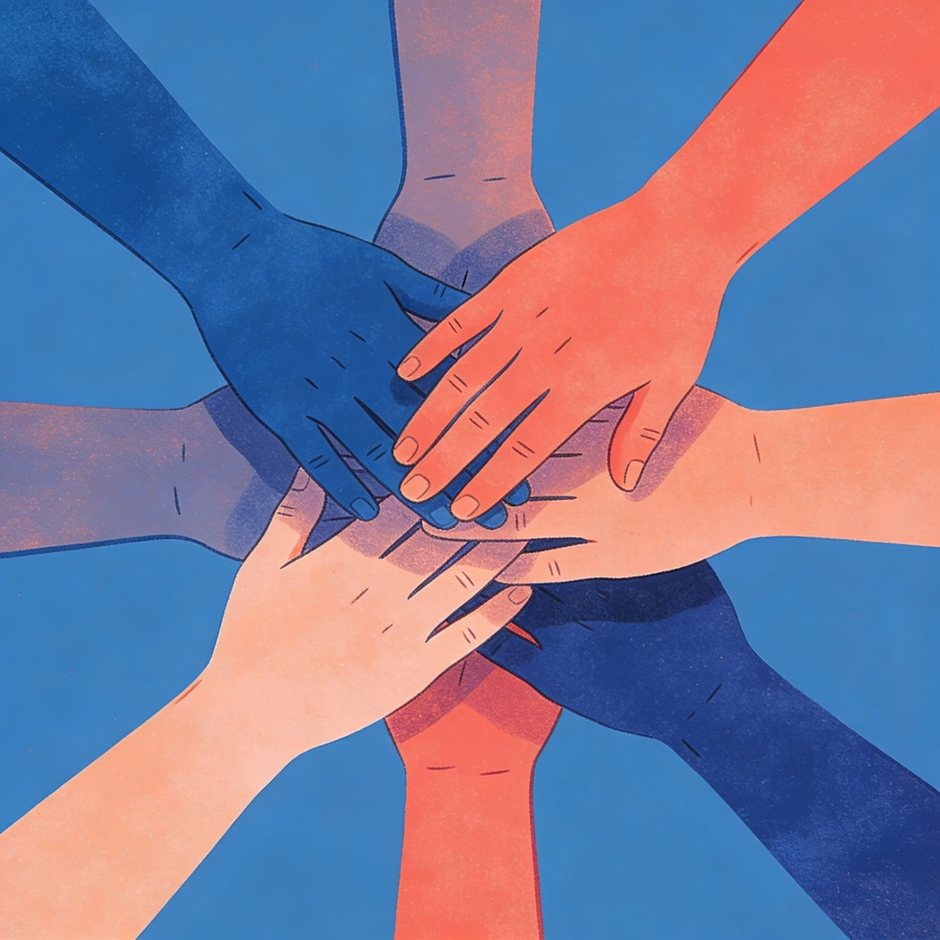 Many hands stacked together at the centre of a circle